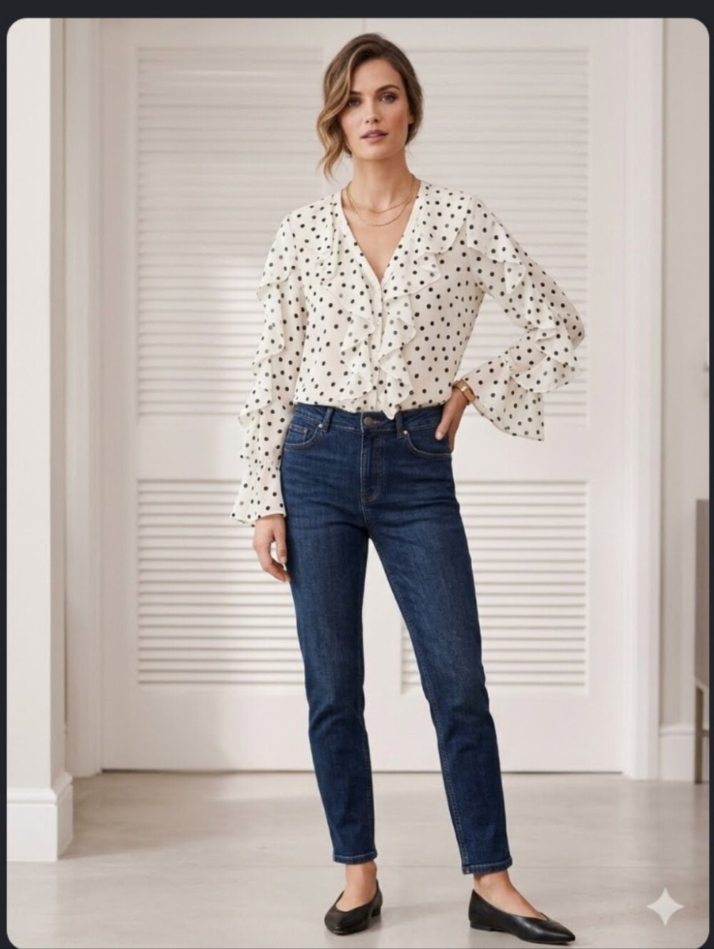 J/S Beige Polka Dot Ruffle Blouse NWT Size L